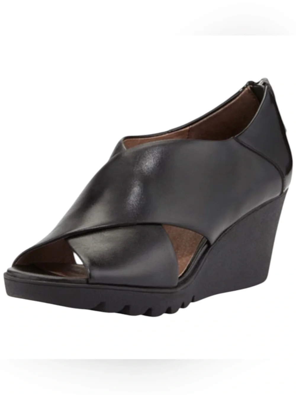 Donald J. Pliner Marti Black Leather Cross Strap Wedge Pumps Zip Back Close 6.5